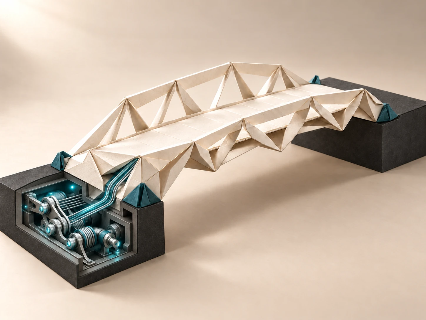 Puente de origami con un mecanismo iluminado dentro de su soporte inicial.