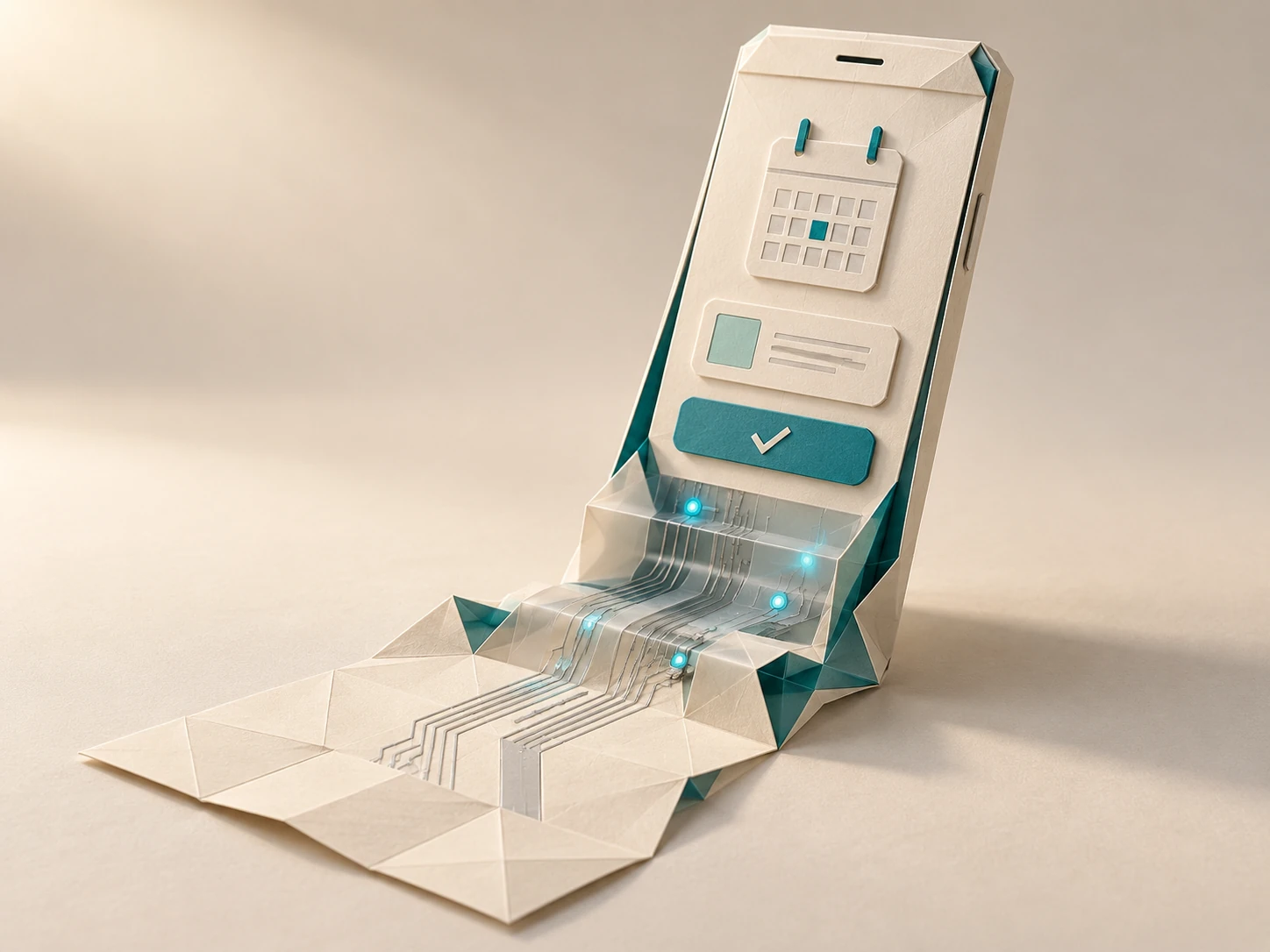 Una aplicación móvil de reservas toma forma a partir de papel plegado y capas tecnológicas iluminadas.